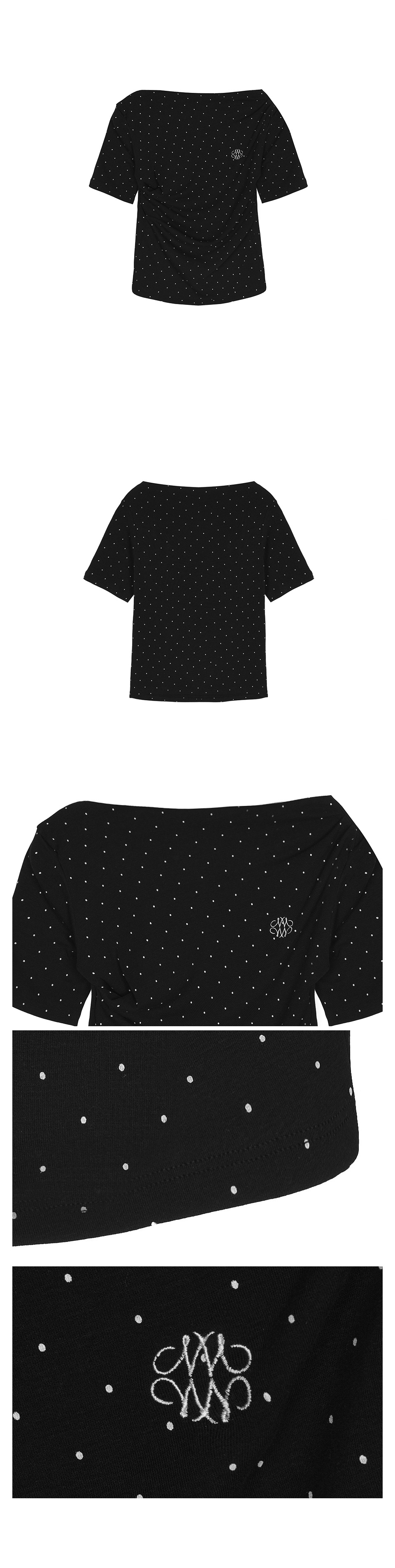 DOT HALF SHIRRING DRAPE BOAT NECK TOP #徐睿知同款! - 4 COLORS BLACK