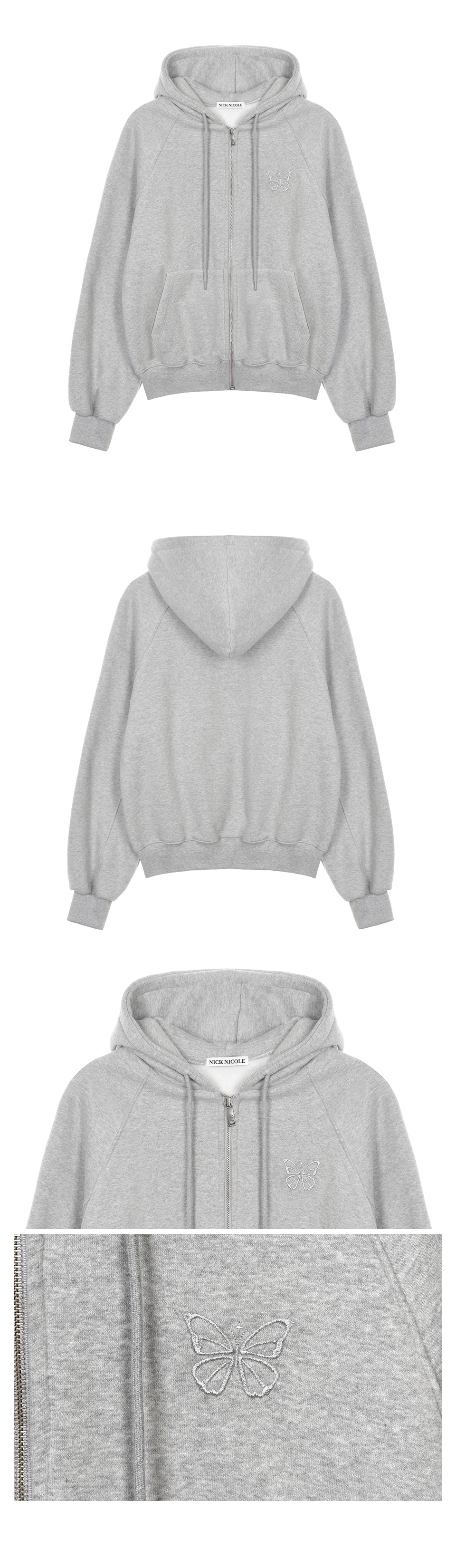 BUTTERFLY WARM COTTON SWEAT HOOD ZIP UP #徐睿知同款! - 2 COLORS GREY