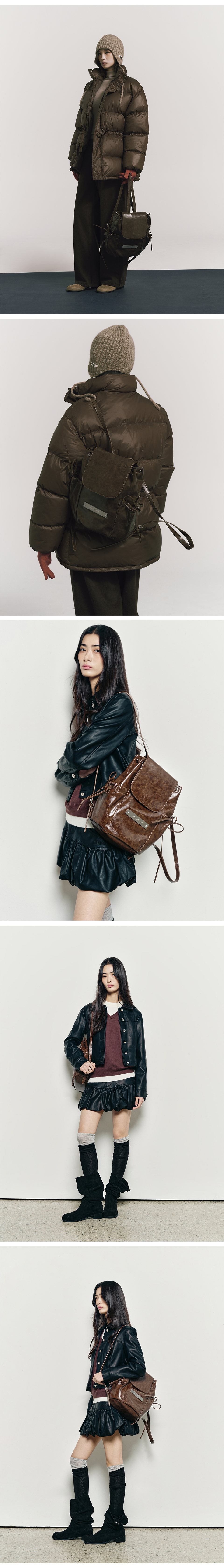 CRYSTAL LEATHER SHIRRING BACKPACK #徐睿知同款! - 2 COLORS BROWN